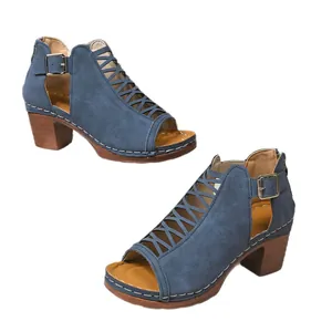 Women's blue faux suede block heel sandals with peep toe design and side buckle