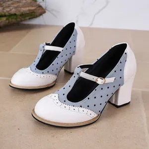 Elegant retro Brogue style high heel pumps with T-strap buckle and chic polka dots for women