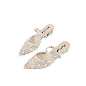 Elegant beige mesh pointed-toe kitten heel mules with double straps for women
