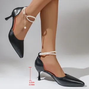Women's Pointed Toe High Heels With Pearl Chain Straps PU Leather Pumps Summer Fashion Stiletto Sandals For Banquet Party