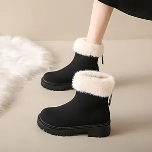 Détail de bottes de neige noires pour femmes avec col en fausse fourrure et zip arrière