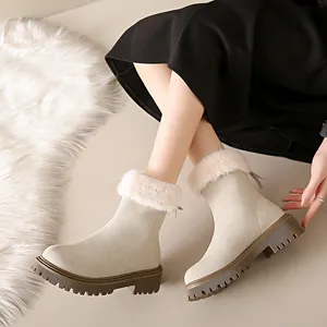 Bottes de neige beiges élégantes pour femmes avec col en fausse fourrure et semelle épaisse