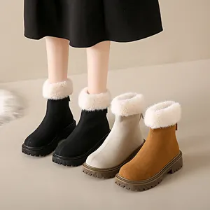 Bottes de neige courtes d'hiver pour femmes avec col en peluche et fermeture éclair
