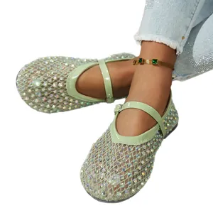 Elegantes bailarinas Mary Jane de malla verde menta con pedrería brillante para verano