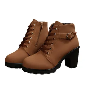 Bottines marron élégantes pour femmes à talon bloc avec lacets et fermeture éclair latérale
