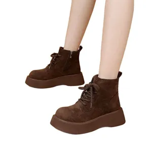 Brown suede-like platform Martin boots for women, stylish thick sole ankle boots