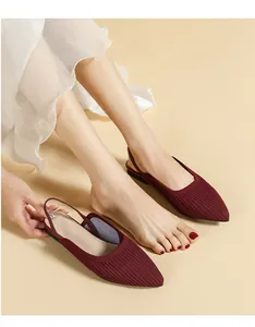 Detailed view of breathable burgundy knit pointed-toe slingback flat shoes for women