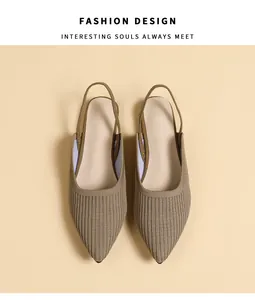 Pointed-toe knitted slingback flat sandals in khaki beige with ribbed texture