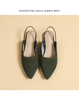 Elegant olive green knitted pointed toe slingback flats with comfortable soft sole