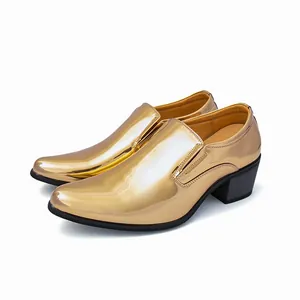 Men's stylish shiny gold metallic slip-on dress shoes with round toe and Cuban heel