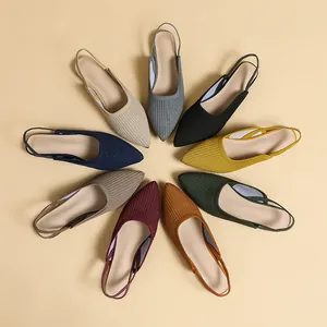 Women's Knitted Pointed Toe Slingback Flats Breathable Ribbed Knit Soft Sole Casual Summer Sandals Shoes