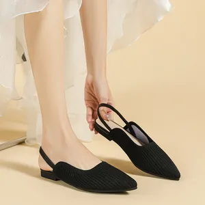 Elegant black knitted pointed toe slingback flat sandals for women with soft sole