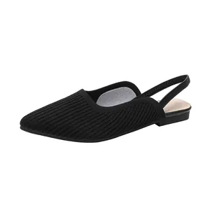 Elegant black knitted pointed-toe slingback flats for women with breathable mesh