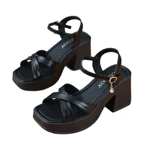Elegant black platform high heel sandals with chunky heels and ankle buckle straps