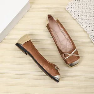 Elegant bronze satin ballet flats with square toe and golden bow detail for women