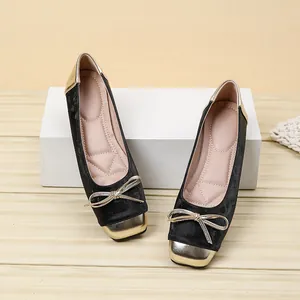 Women Chinese Style Square Toe Ballet Flats Velvet Patchwork Bow Flat Shoes Elegant Soft Slip-on Single Shoes For Daily Wear