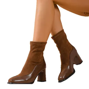 Braune Vintage-Stiefeletten mit Patchwork, eckiger Zehenpartie und Blockabsatz