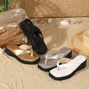 Casual square toe platform flip-flops for women in gold, silver, black, and white