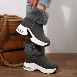 Stylish grey faux fur lined winter platform snow boots for women with side zipper closure