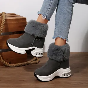 Detailed view of gray winter platform snow boots featuring faux fur and side zipper