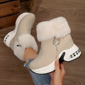 Detailed view of beige winter snow boots featuring a plush faux fur collar and platform sole