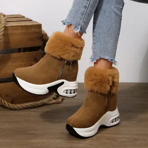 Stylish brown winter platform snow boots for women featuring a faux fur collar and side zipper.