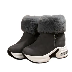 Comfortable women's grey snow boots featuring thick faux fur trim and stylish wedge soles