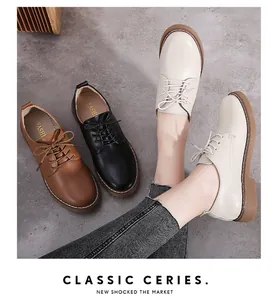 Detailed view of women's casual lace-up loafers in beige, brown, and black colors.