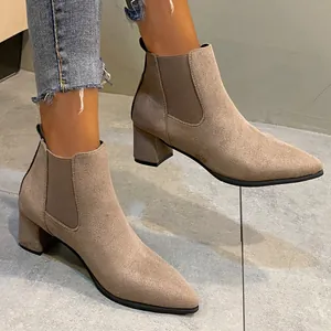 Women's khaki suede Chelsea boots with block heel and pointed toe