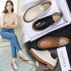 Women Casual Cowhide Leather Shoes Vintage British Style Retro Lace-up Loafers Beige Black Brown Gum Sole Soft Walking Footwear
