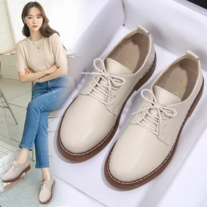 Beige women's lace-up casual leather shoes with brown gum soles for spring 2025.