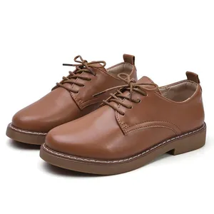 Women's brown casual leather lace-up shoes with durable gum soles for spring.