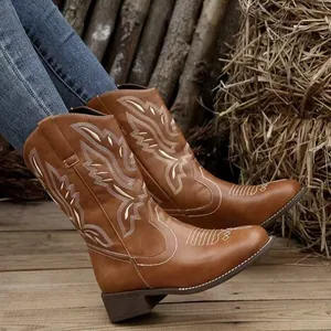 Détail de bottes de cowboy marron pour femmes avec broderies sur un fond en bois rustique.