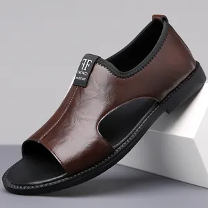 Men's Roman Sandals Microfiber Leather Hollow Breathable Non-Slip Summer Beach Shoes Casual Open Toe Large Size Footwear