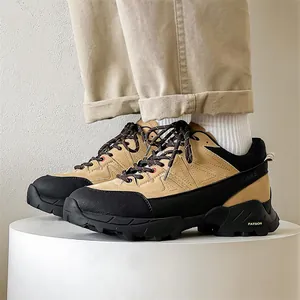 Outdoor men's hiking shoes in tan and black, breathable non-slip trekking sneakers