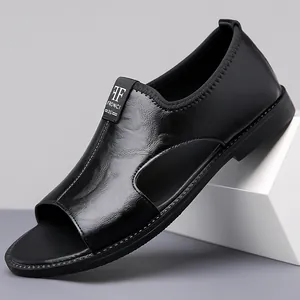 Breathable men's black leather sandals with open toe and side cut-outs for summer