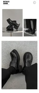 Multiple angles of men's chunky black leather shoes with platform soles and round toe