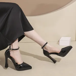 Detailed side view of elegant black pointed toe platform high heels with ankle strap