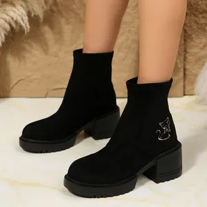 Women Retro Mid Calf Ankle Boots Embroidered Cat Pattern Square Heel Platform PU Leather Black Fashion Boots For Winter Fall