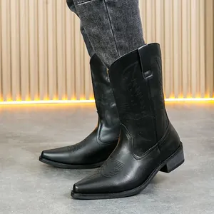 Men's black Western cowboy boots featuring classic embroidery and a sharp pointed toe