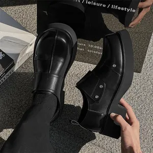 Men's British style business casual chunky black leather shoes with platform sole