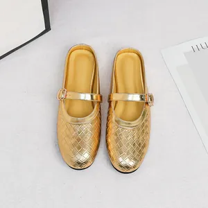 Elegant gold metallic woven closed-toe mule slippers with adjustable buckle strap