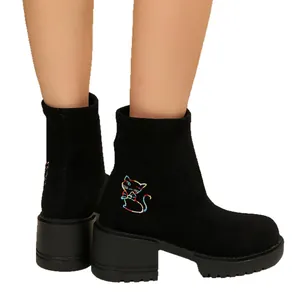 Retro black suede ankle boots featuring colorful cat embroidery and stable block heel design
