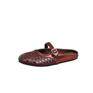 Elegant burgundy woven leather Mary Jane mule with metallic finish and buckle strap