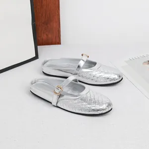 Elegant silver woven Mary Jane mules with metallic finish and buckled strap flat slippers.