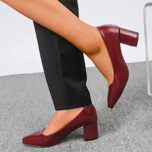Elegant burgundy patent leather pumps with chunky heels and pointed toe for women