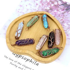 Handmade copper wire wrapped Tree of Life necklaces with natural crystal pendants