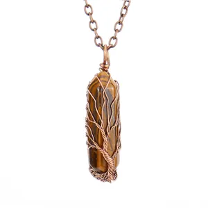 Vintage handmade tree of life wire wrapped hexagonal tiger eye stone pendant necklace
