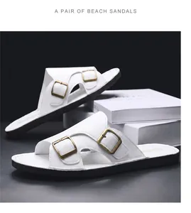 Premium white summer beach sandals featuring stylish double bronze buckle straps detail