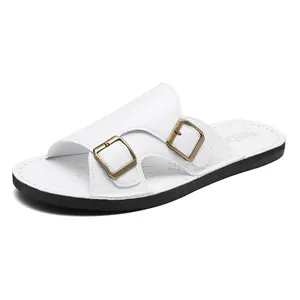 Fashionable white double-buckle slide sandals for men, lightweight and flat for summer.
